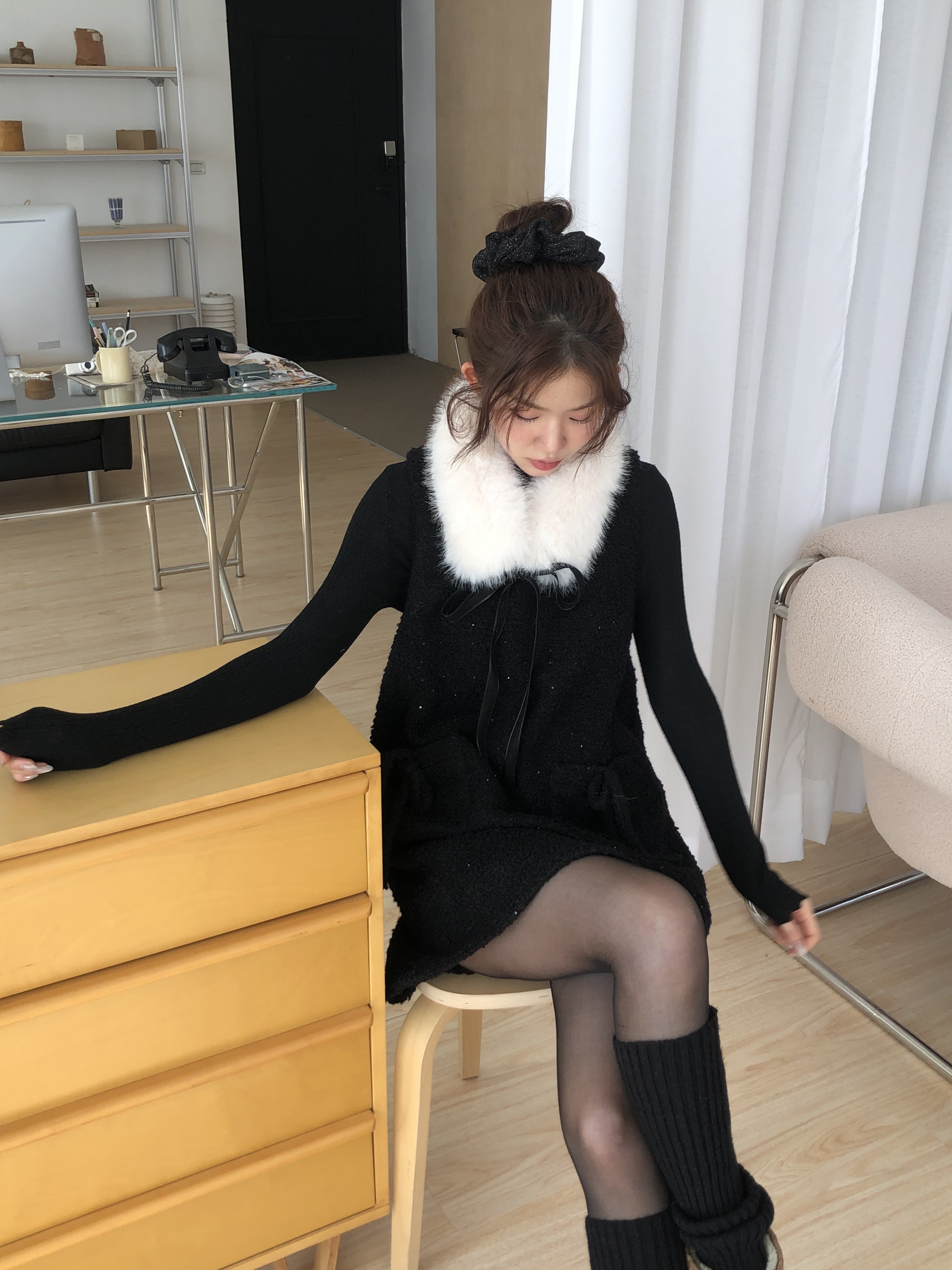 毛領粗花呢背心裙