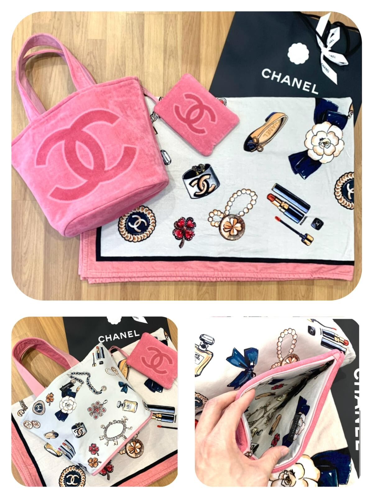 全新CHANEL TERRY COTTON CC BEACH  TOTE TOWEL SET PINK 沙灘袋連毛巾粉色 #BRAND NEW #香榭站正品