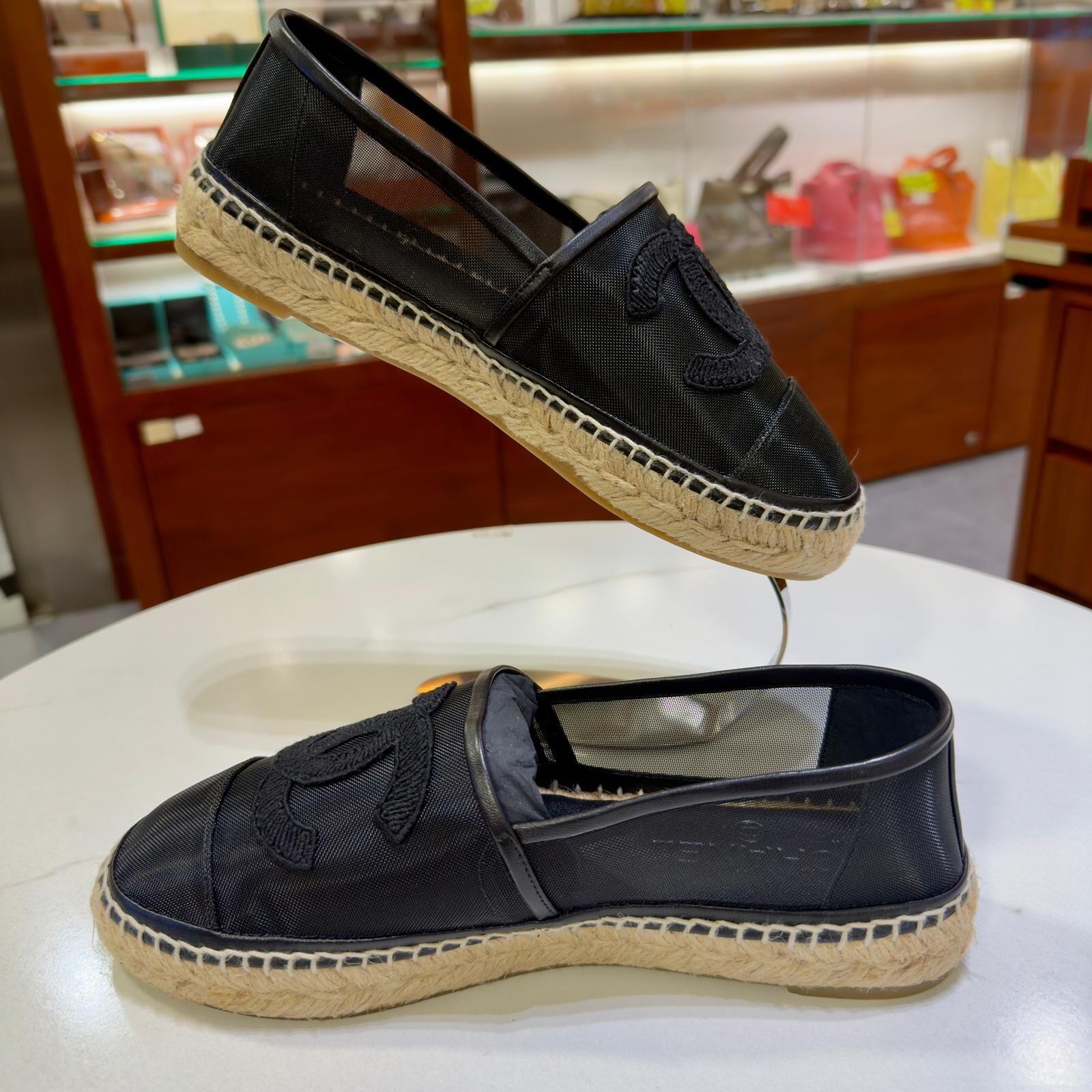 全新CHANEL漁夫鞋 39碼 BLACK MESH ESPADRILLE 黑色透視網編草鞋  #BRAND NEW #香榭站正品
