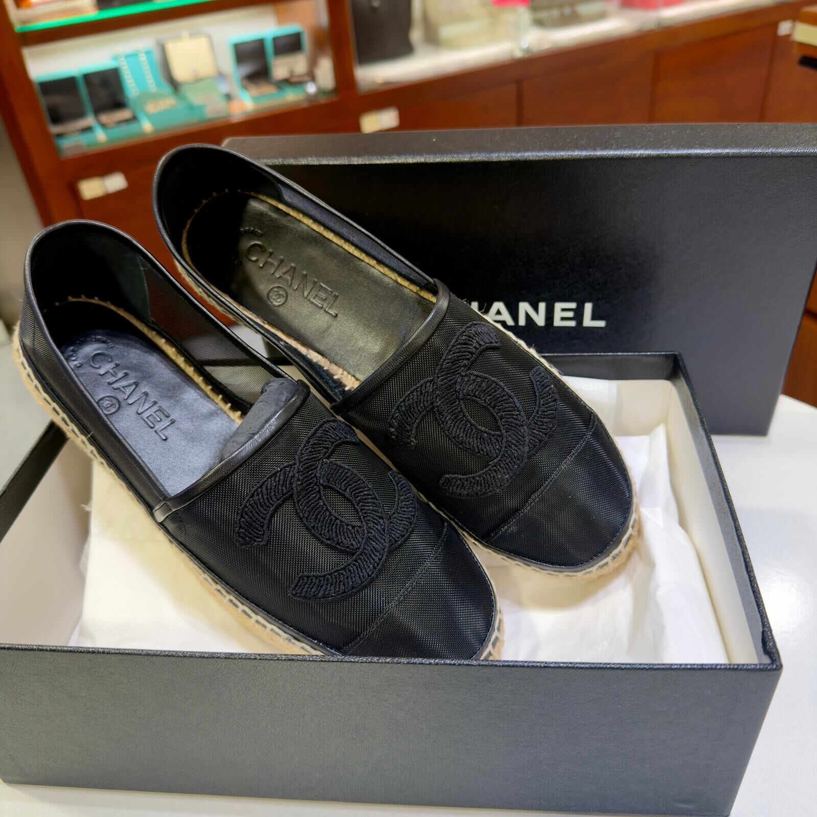 全新CHANEL漁夫鞋 39碼 BLACK MESH ESPADRILLE 黑色透視網編草鞋  #BRAND NEW #香榭站正品