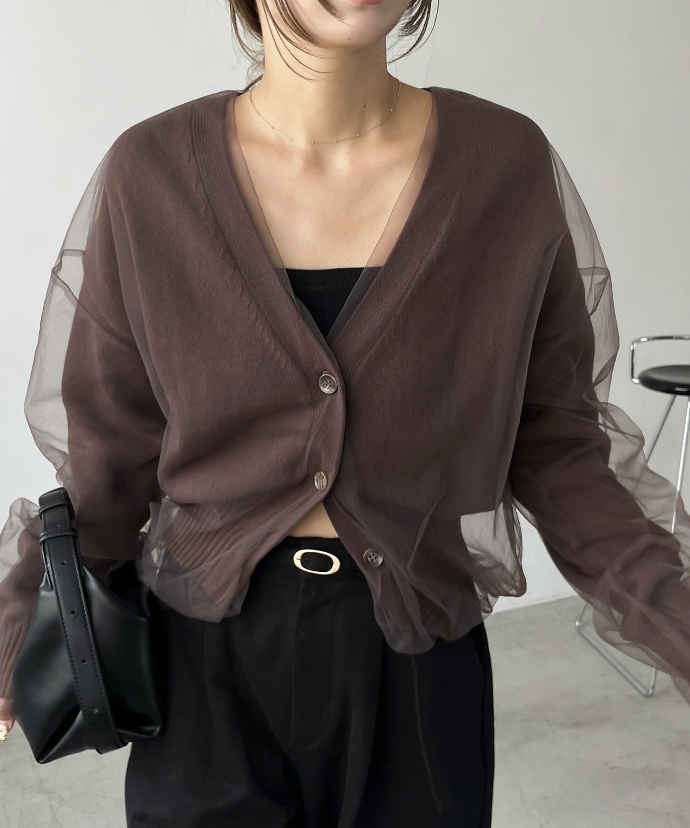 CAPRICIEUX LE'MAGE(カプリシュレマージュ)  【1枚で着映え】チュールレイヤードカーディガン咖啡（LEZ1052205A0008）
