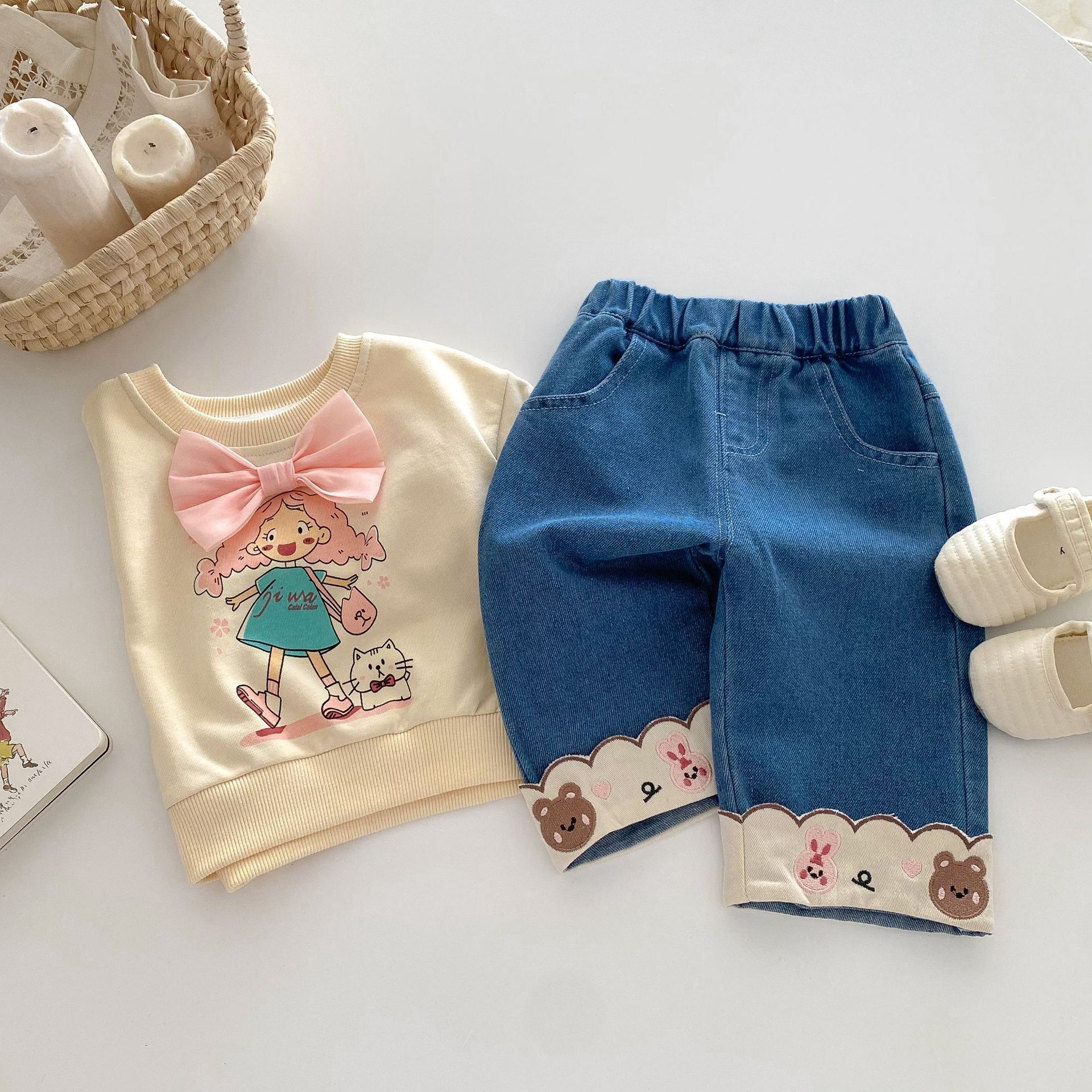 【H0265】早春兔兔小熊刺繡直筒褲(73-120)