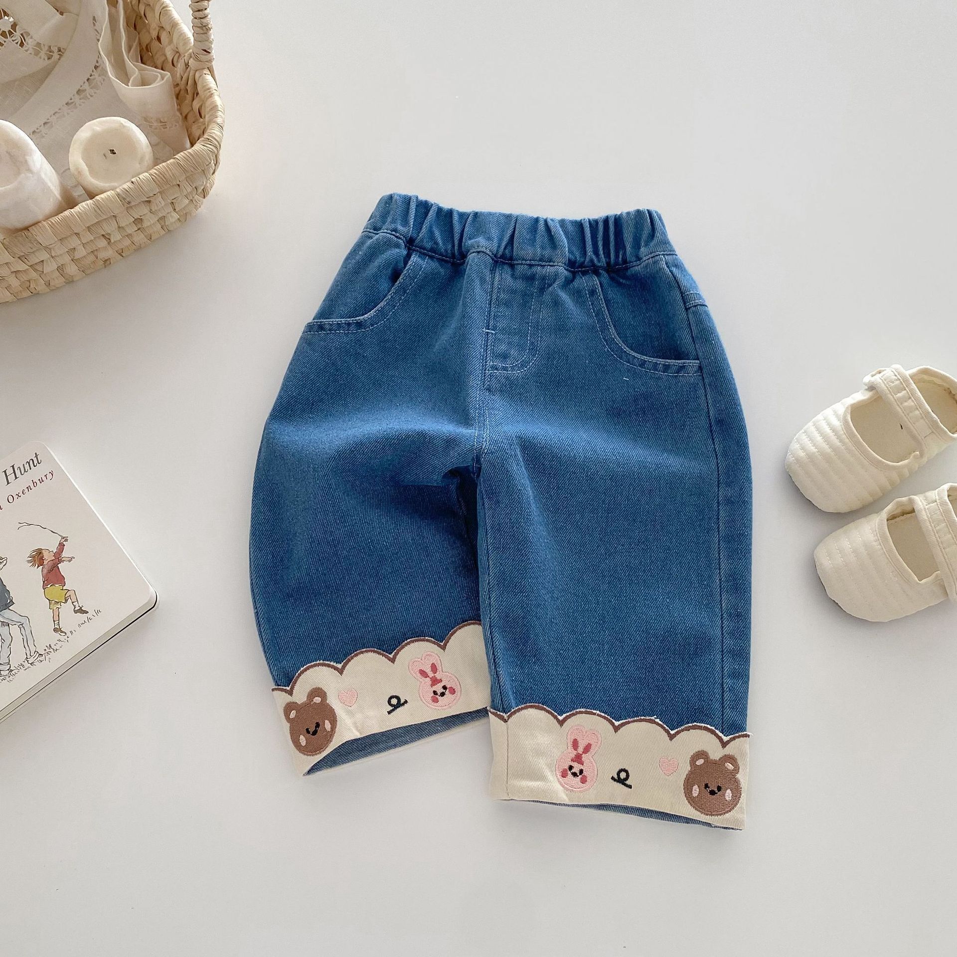 【H0265】早春兔兔小熊刺繡直筒褲(73-120)