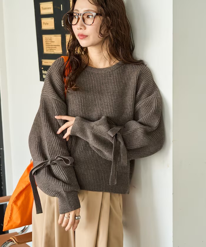 FREAK'S STORE 袖 リボン ニット咖啡色（1332248900613）