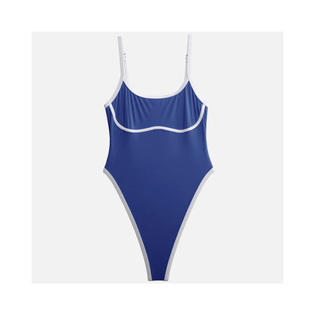 ▲Muiiswim ioo 細肩U領無墊高衩丁字連身泳裝【羅紋坦桑x素白邊】