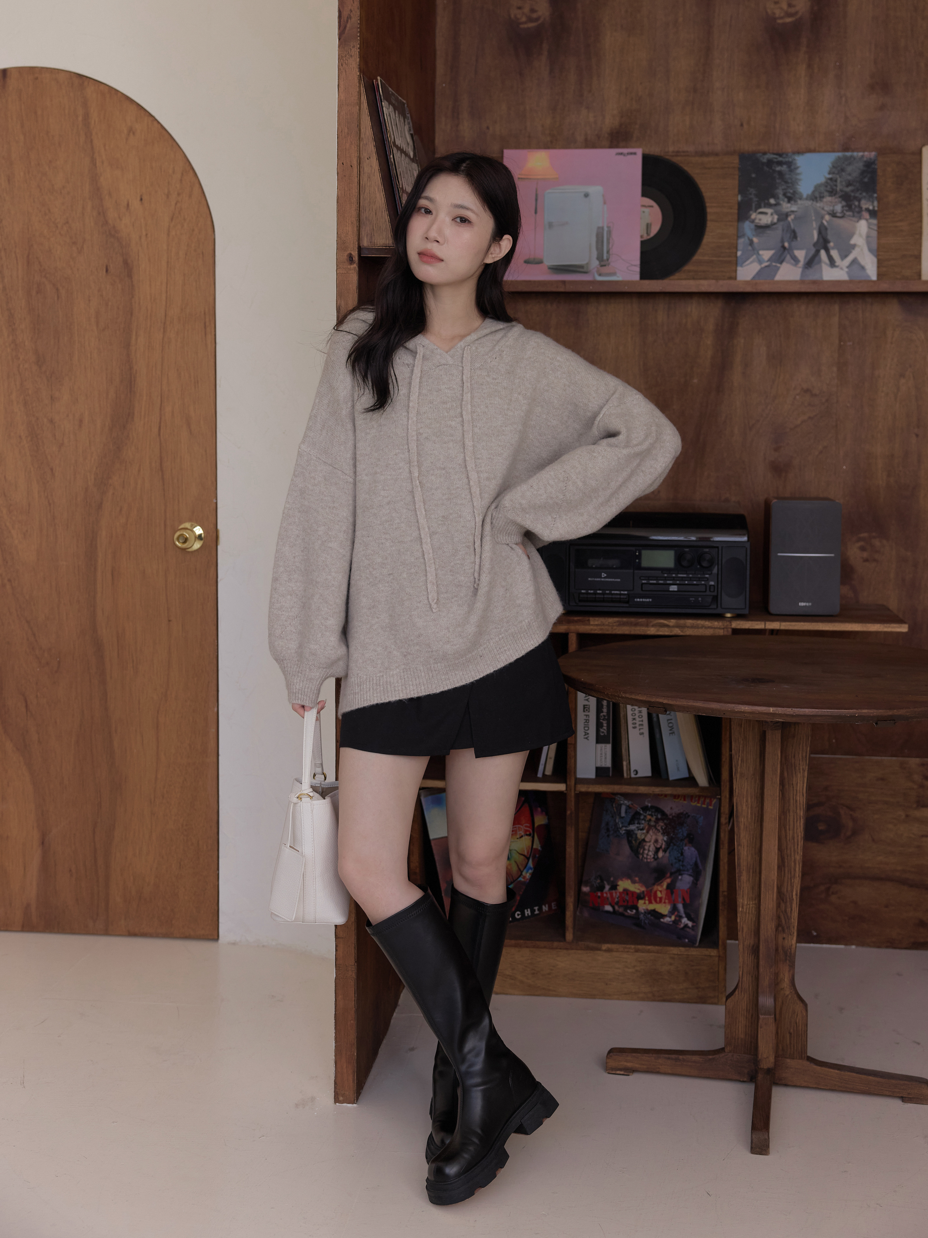 側開衩連帽綁帶長版針織