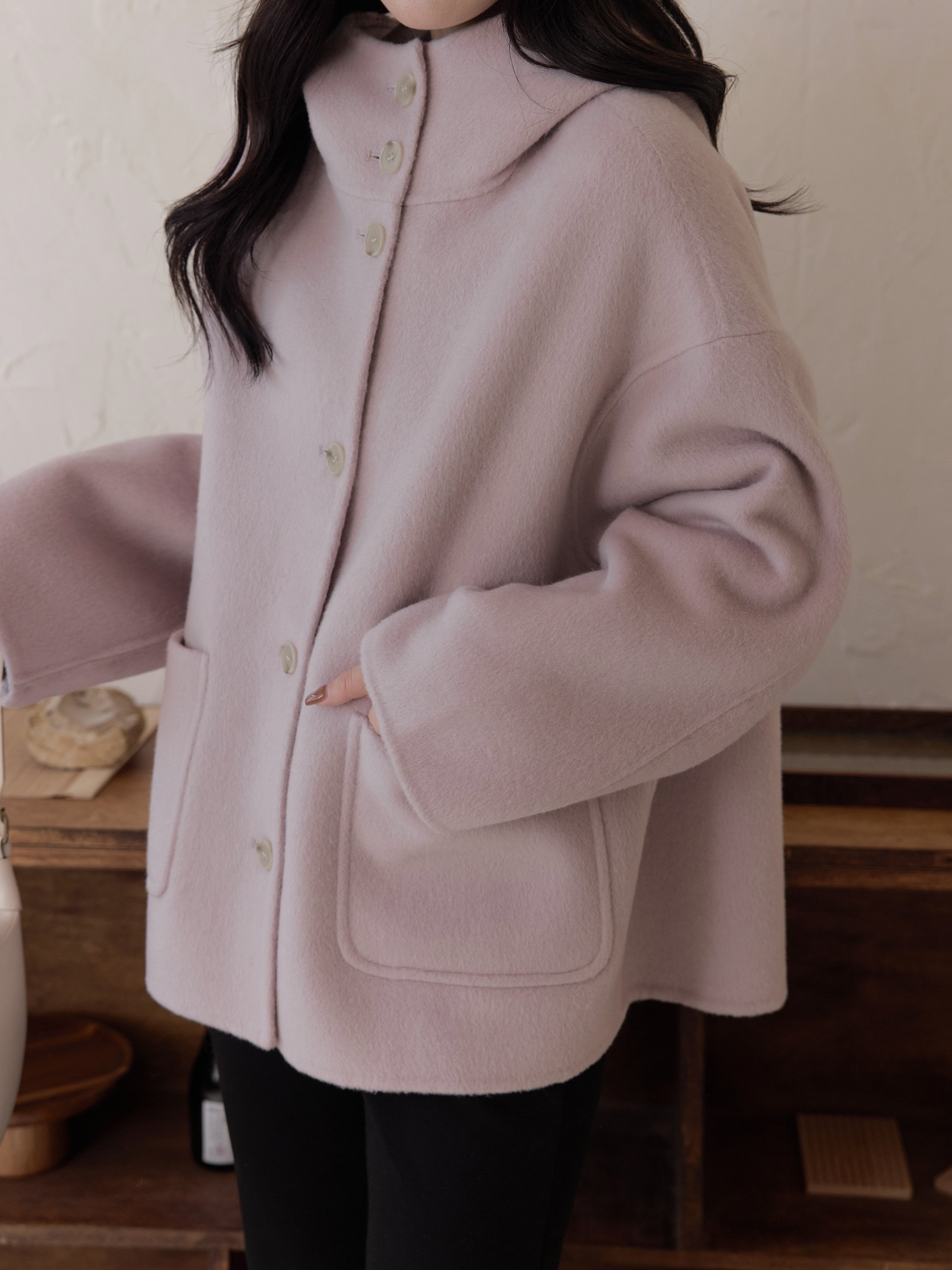 奶霧連帽排釦羊毛大衣