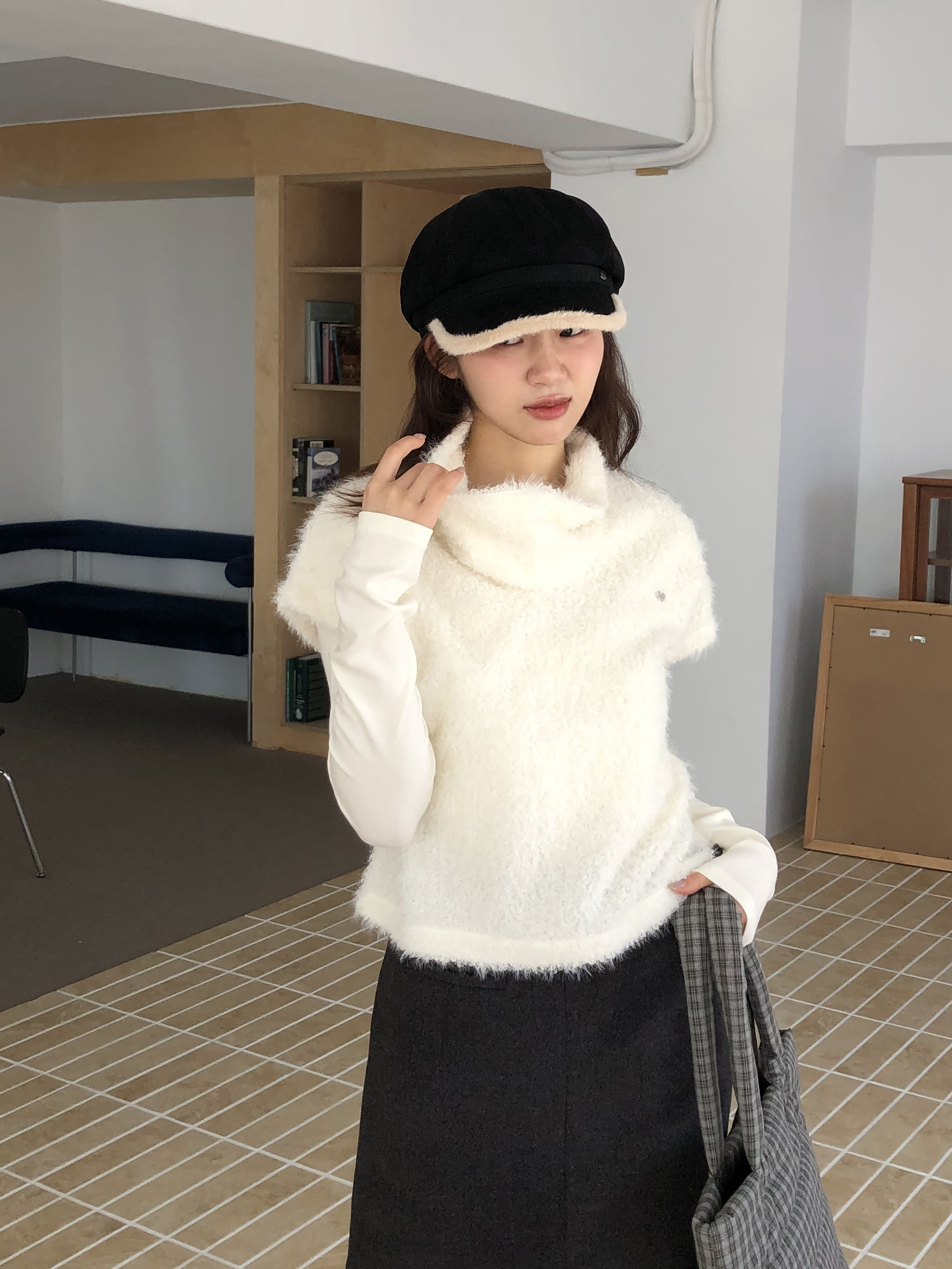 立領毛毛短T套裝