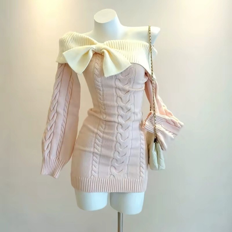 一字大翻領配色麻花針織洋裝