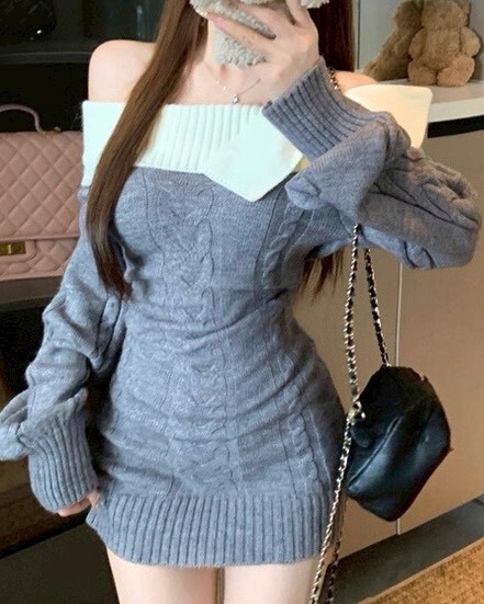 一字大翻領配色麻花針織洋裝