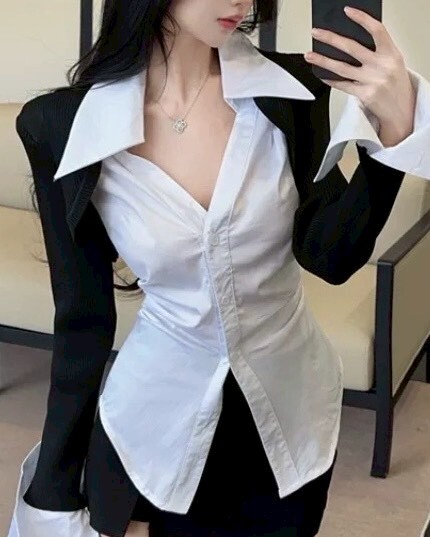 簡約假兩件式坎肩外套收腰襯衫