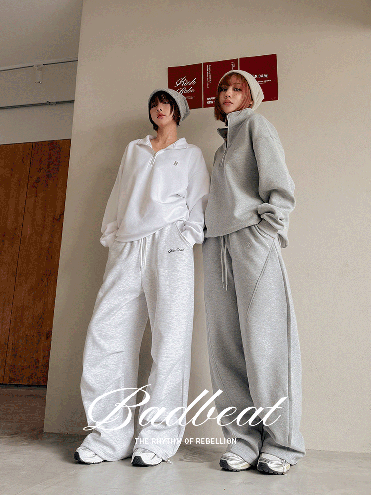 Badbeat cozy｜品牌刺繡·彎刀立體車線抽繩縮口褲（2色）