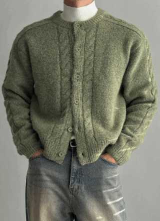 厚磅圓領麻花開襟針織外套