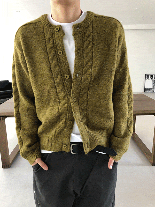 厚磅圓領麻花開襟針織外套