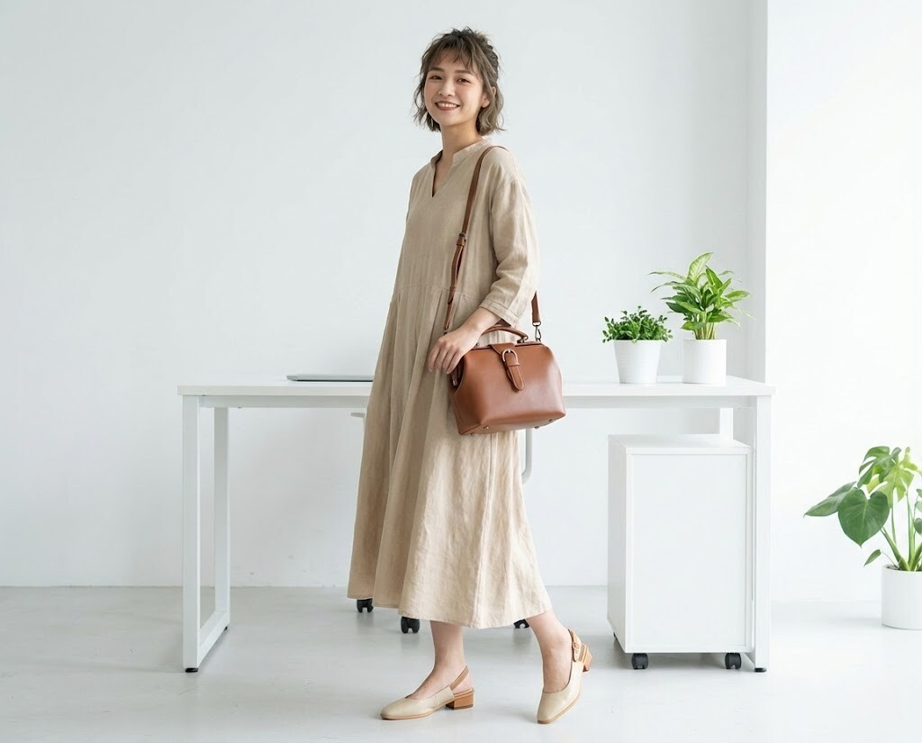 職場溫柔穿搭示範，利用 Sanly Joy 極簡生活醫生包與海瑟葳低跟鞋打造焦糖棕色系造型，展現親和力與專業感，是老師與業務必備的真皮包鞋組合。