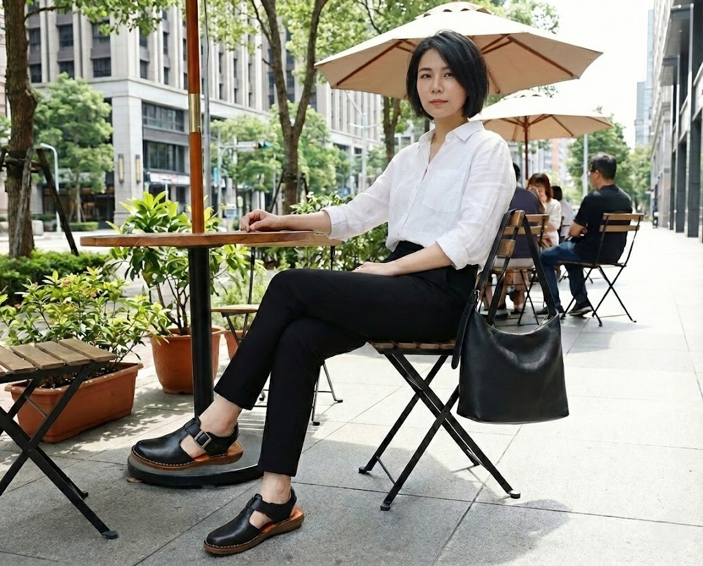 現代 OL 時髦穿搭推薦 Sanly Joy 諾亞大容量通勤包與勃肯瑪莉珍鞋，油蠟皮獨特光澤打造 Smart Casual 職場風格，搭配大容量包款，是兼具實用與復古時尚的上班穿搭。