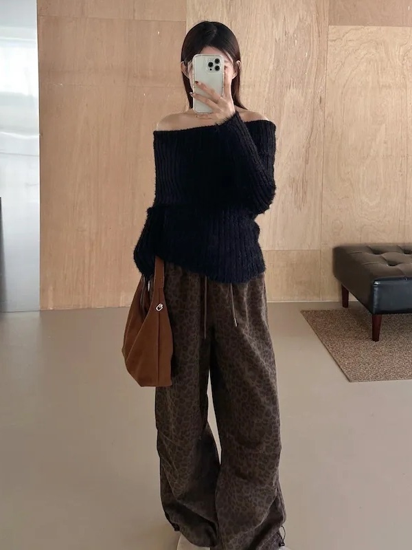 內磨毛抓折豹紋褲