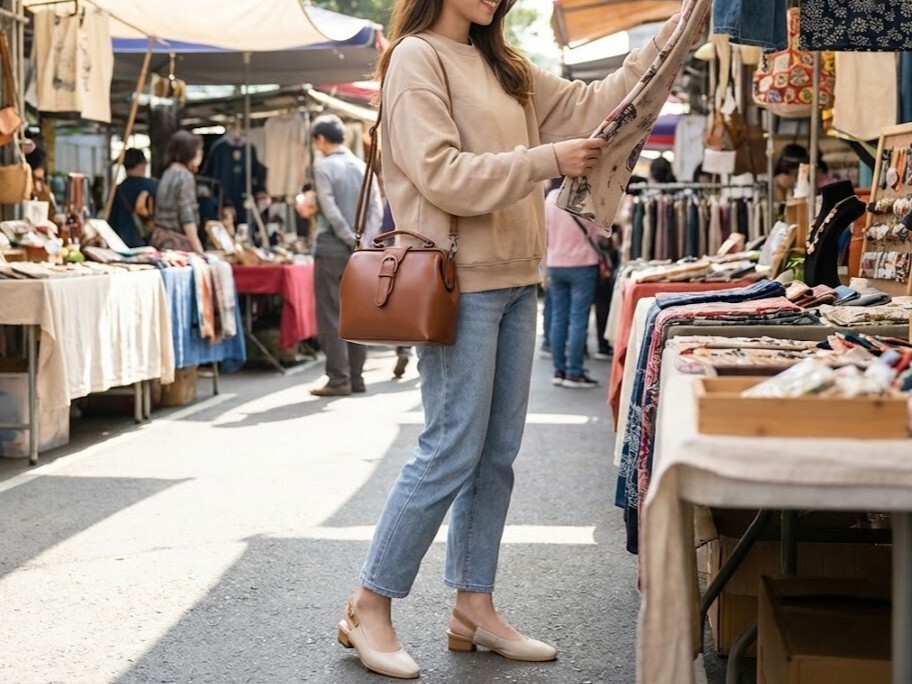 全真皮醫生包棕色搭配杏色低跟鞋，呈現整體穿搭感。