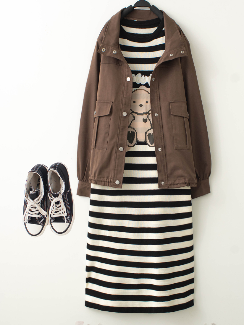 工裝口袋夾克外套小熊印花針織洋裝組合