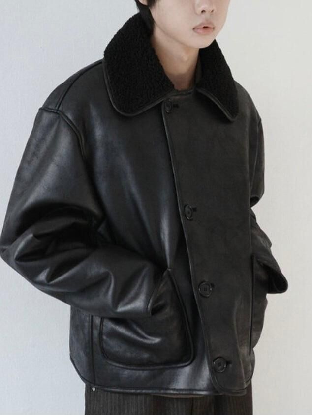 毛毛反領開胸合成皮褸 MALENKII-189JK