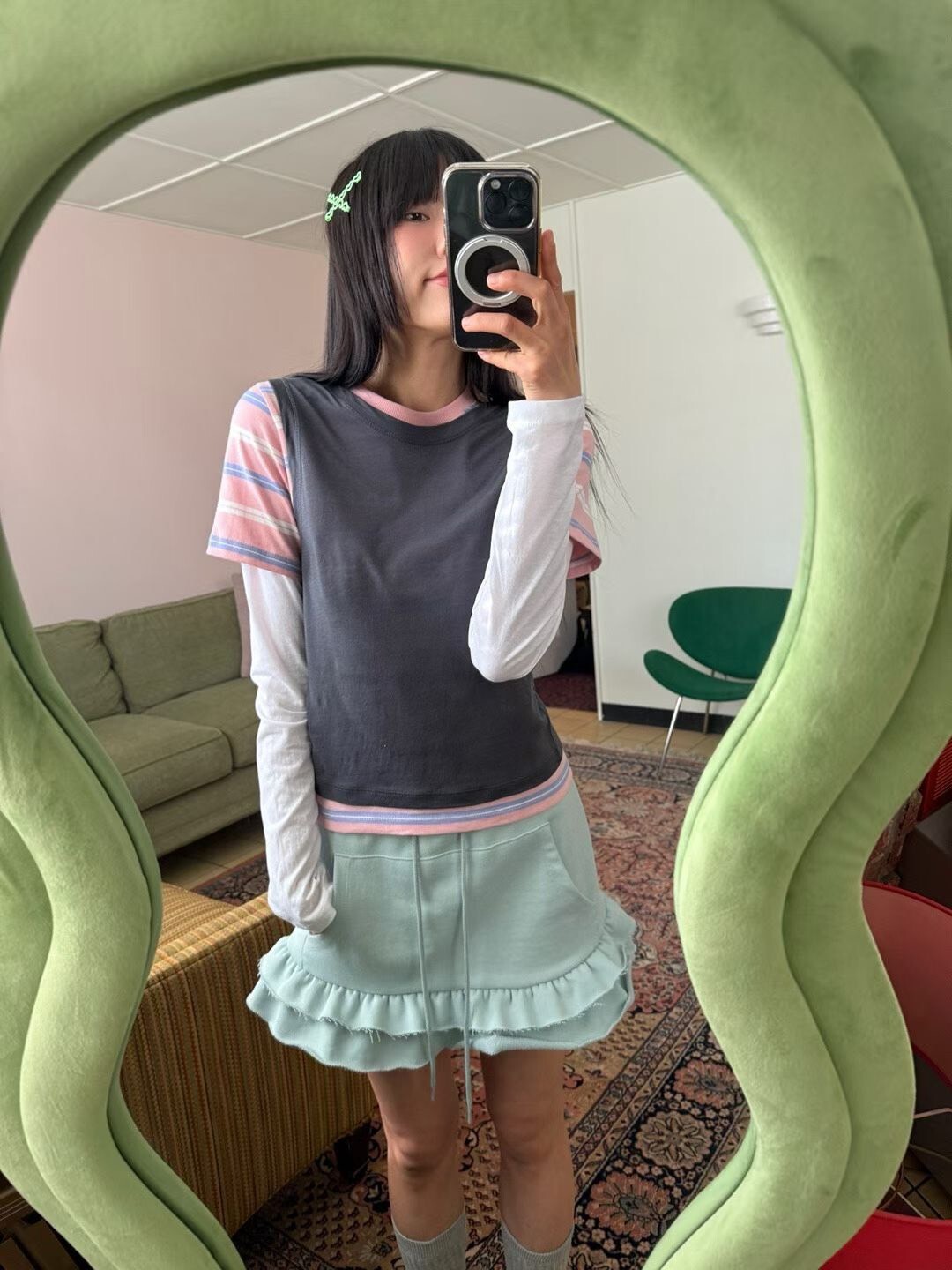 綁帶口袋荷葉棉短裙