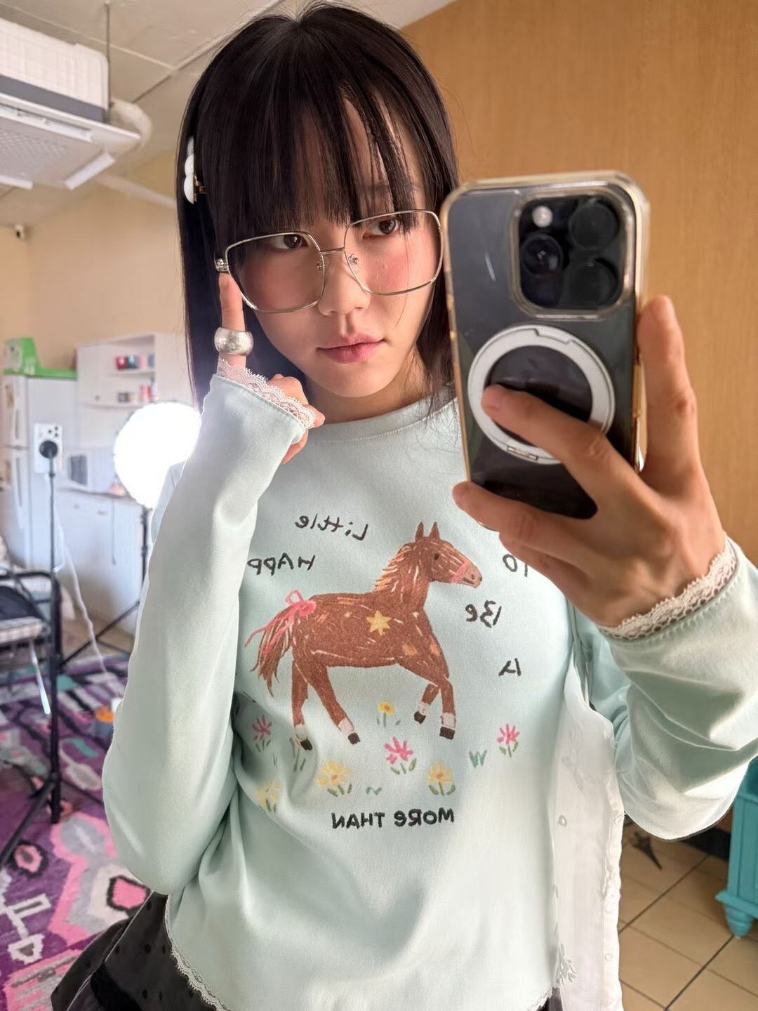 插畫棕馬長袖T