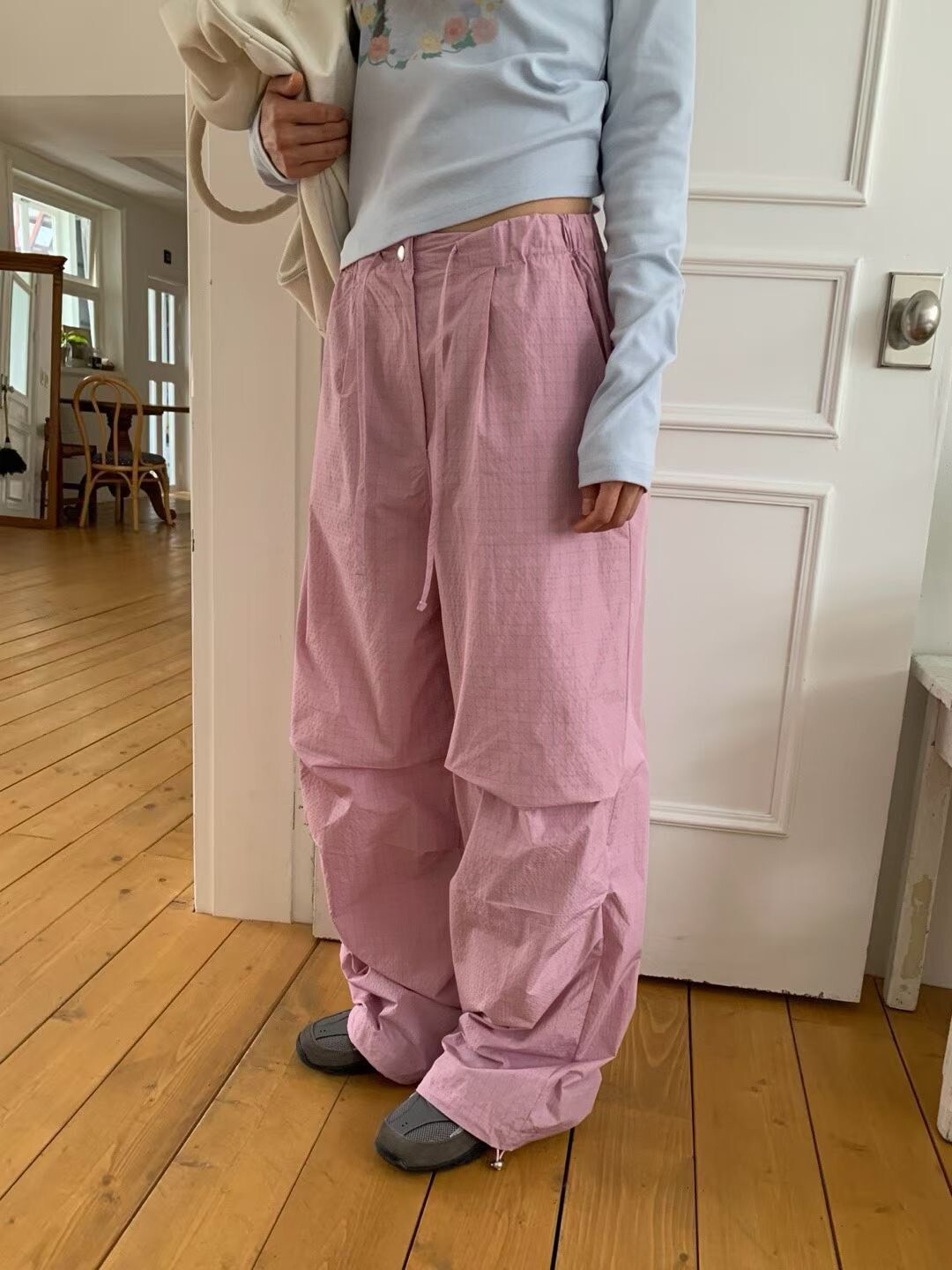 格子綁帶抓褶長褲