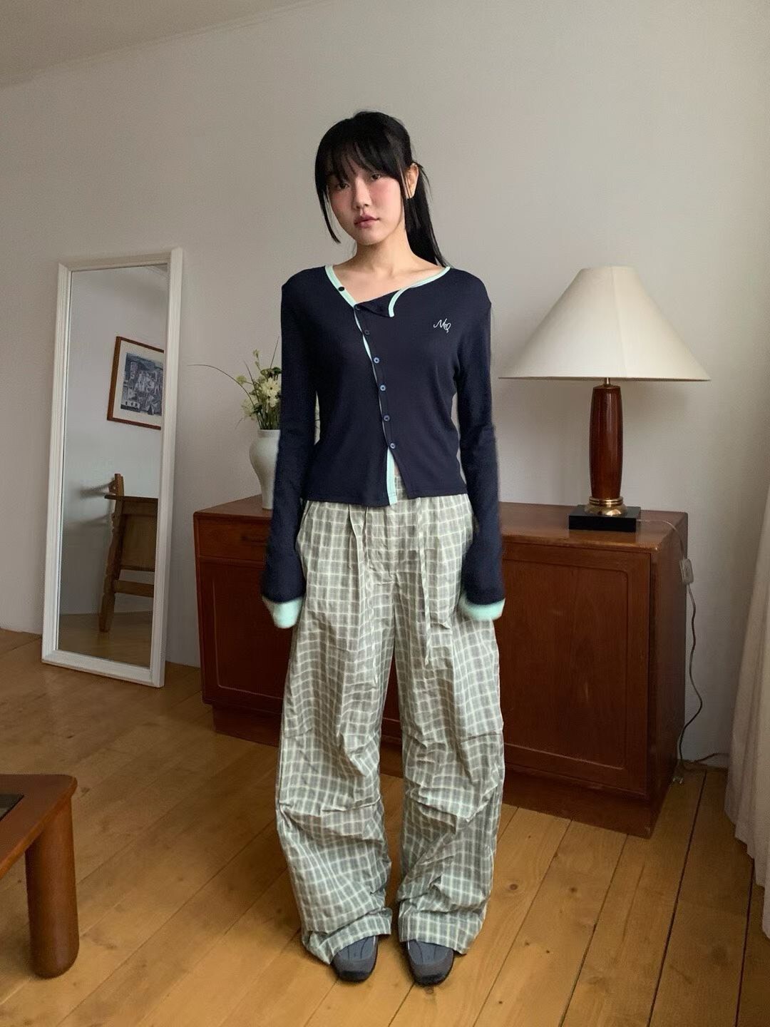 格子綁帶抓褶長褲