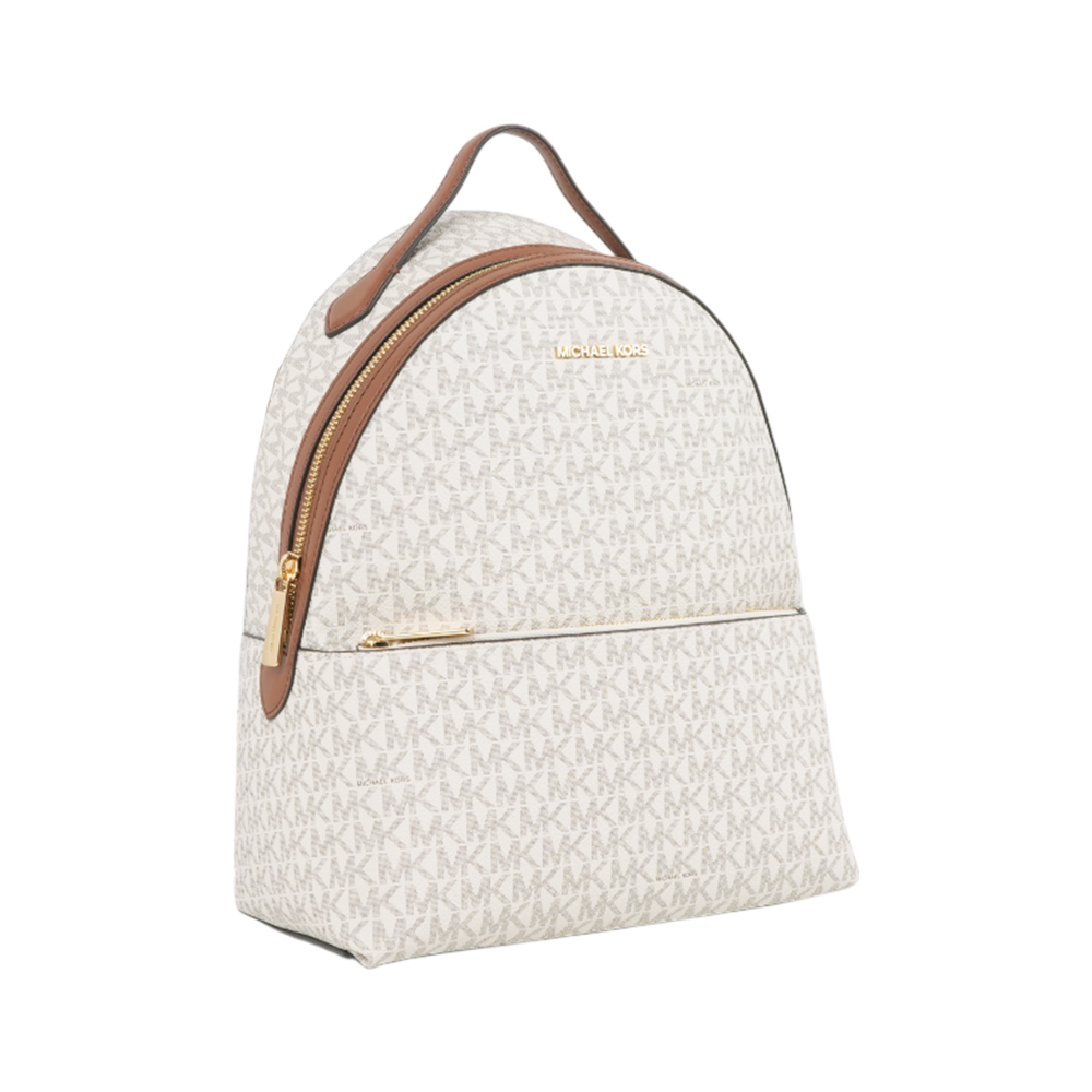 【Michael Kors】Sheila 滿版標誌塗層帆布拉鍊口袋中型後背包(香草白)