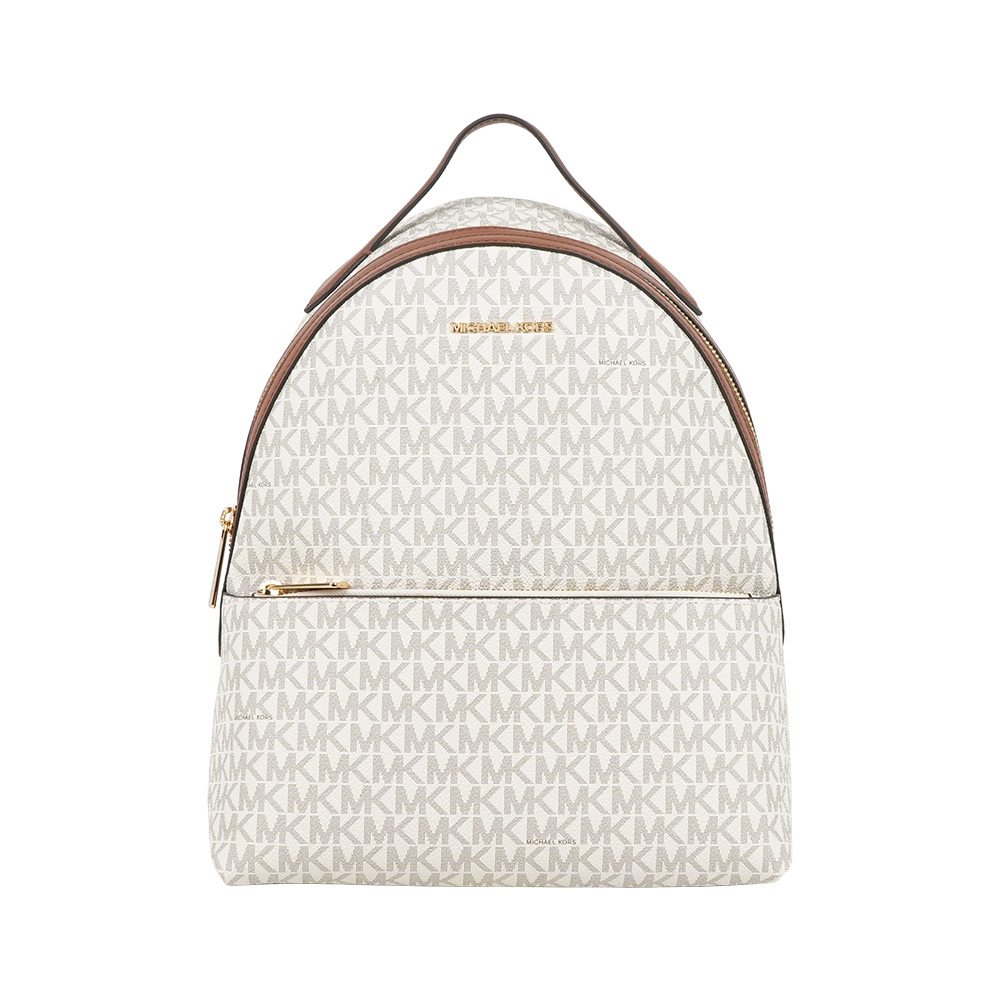 【Michael Kors】Sheila 滿版標誌塗層帆布拉鍊口袋中型後背包(香草白)