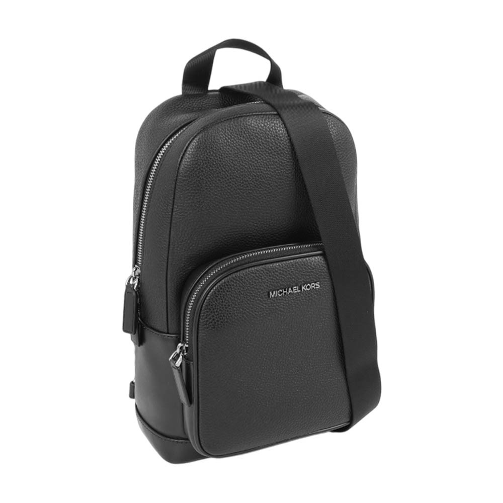 【Michael Kors】Cooper 銀字荔枝皮革口袋單肩背包(黑色)