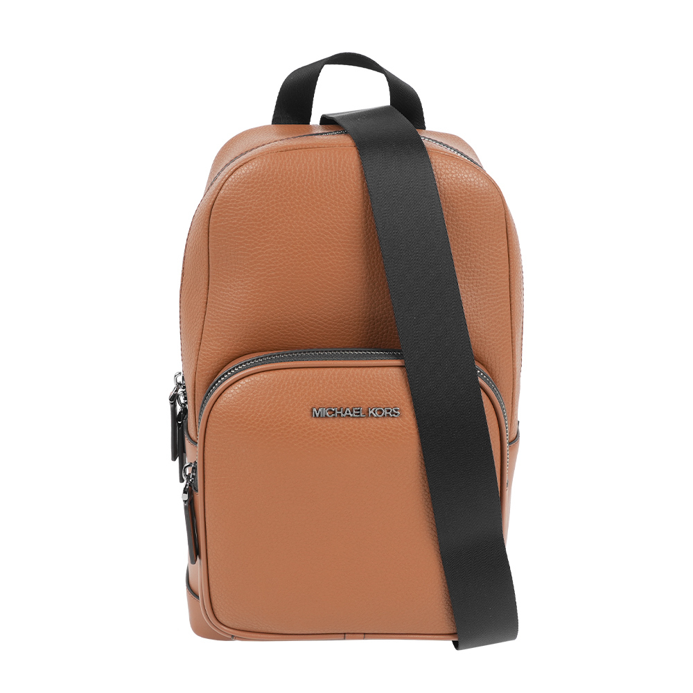 【Michael Kors】Cooper 銀字荔枝皮革口袋單肩背包(焦糖色)