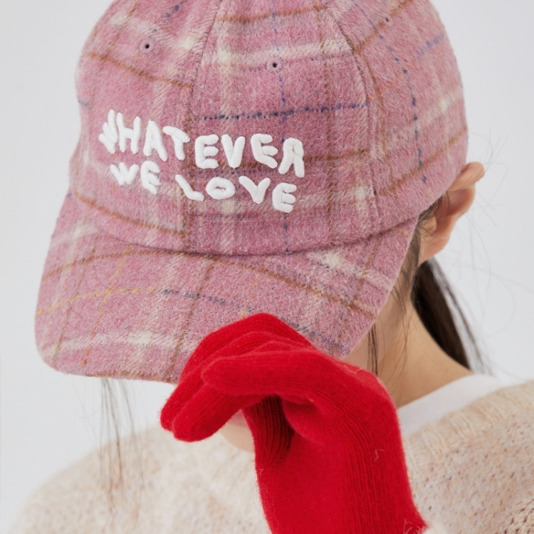 韓國 ooowl 羊毛刺繡棒球帽 格紋 WHATEVER 粉