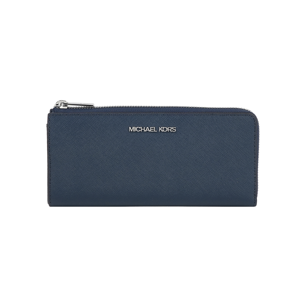 【Michael Kors】銀字Logo 防刮皮革L型拉鍊長夾(海軍藍)