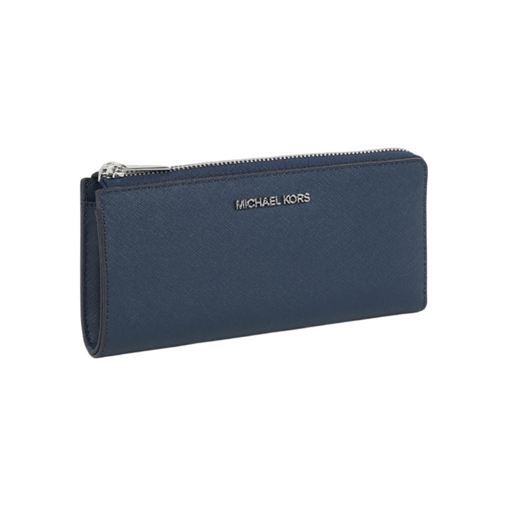 【Michael Kors】銀字Logo 防刮皮革L型拉鍊長夾(海軍藍)