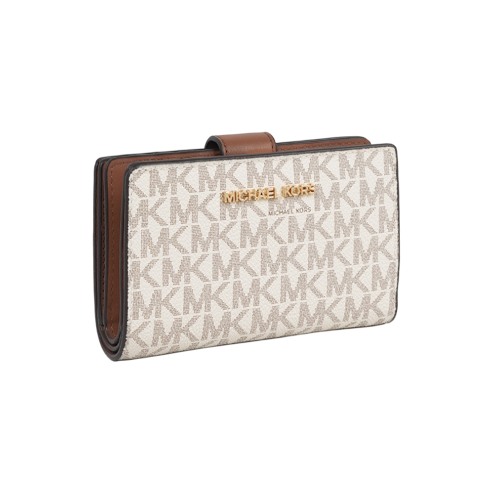 【Michael Kors】金字Logo 滿版塗層帆布釦式中夾(香草白)