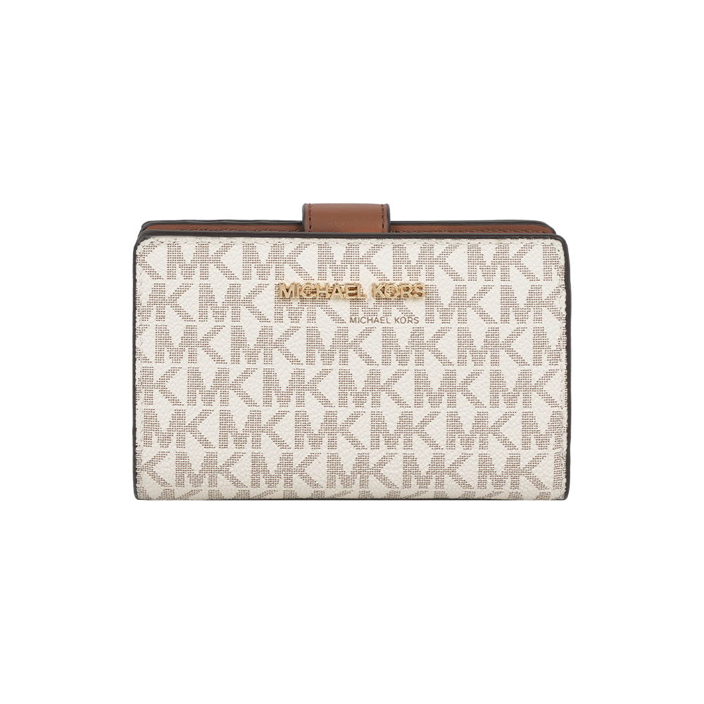 【Michael Kors】金字Logo 滿版塗層帆布釦式中夾(香草白)