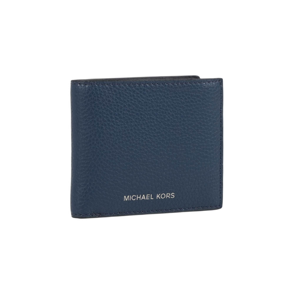 【Michael Kors】銀字Logo 荔枝皮革對開證件照短夾(海軍藍)