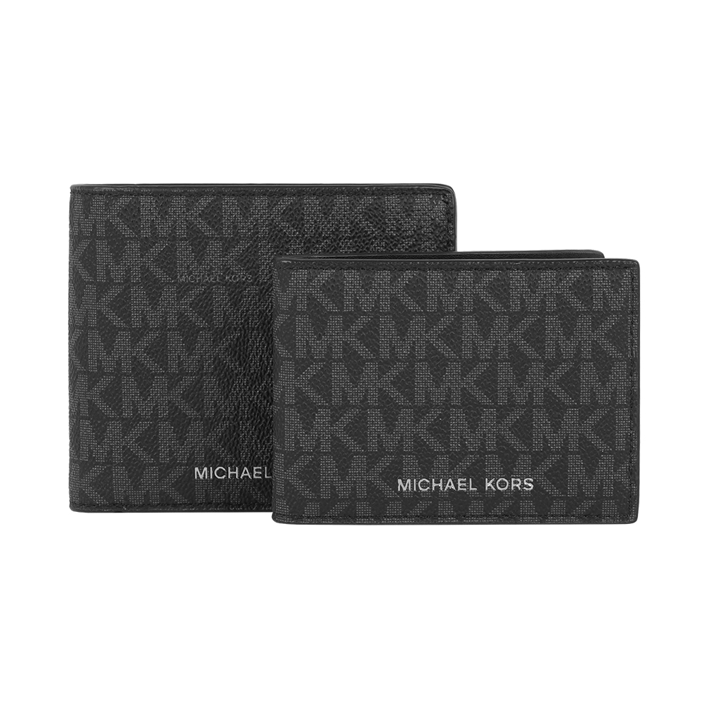 【Michael Kors】Cooper 銀字滿版塗層帆布附活動式卡夾對開短夾(黑色)