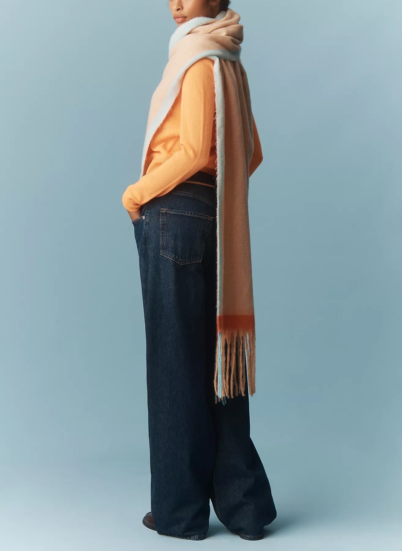 Dreamy Orange Blue淡橘藍色流蘇針織圍巾