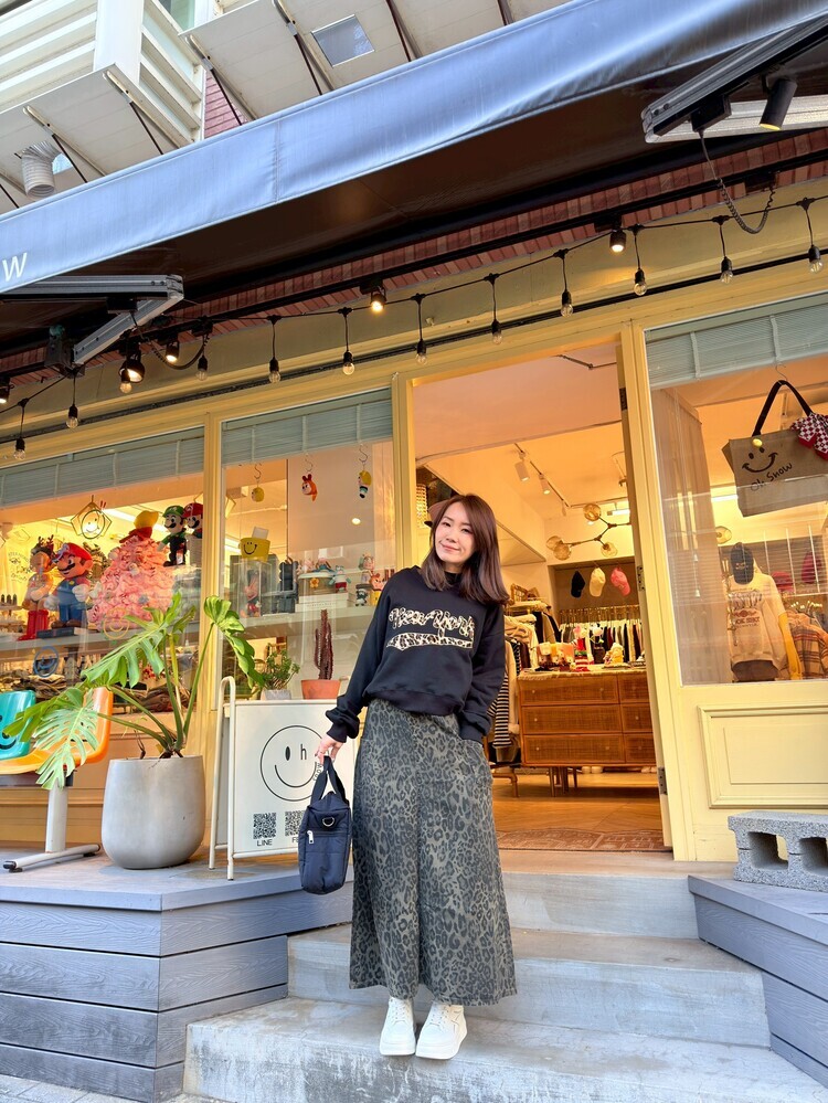 側邊口袋綠豹紋斜紋布工裝長裙