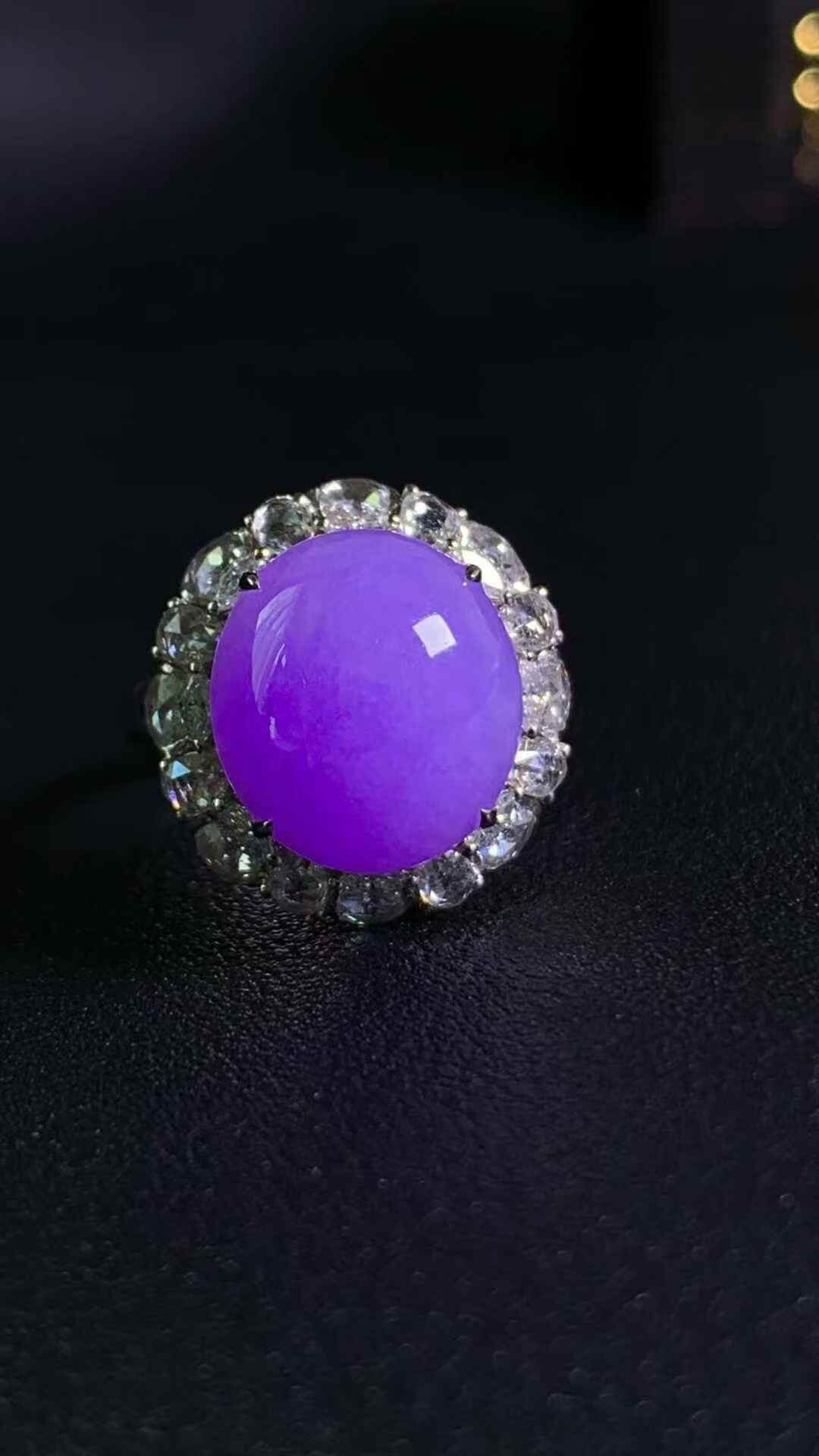 翡翠18K金鑲嵌紫羅蘭蛋面戒指,天然翡翠A玉, 緬甸玉, Jade, Jadeite