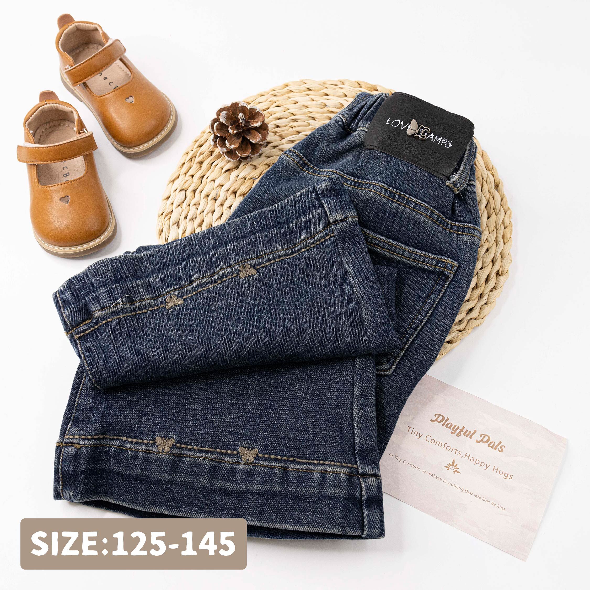 【H55916】質感蝴蝶刺繡內磨毛牛仔褲