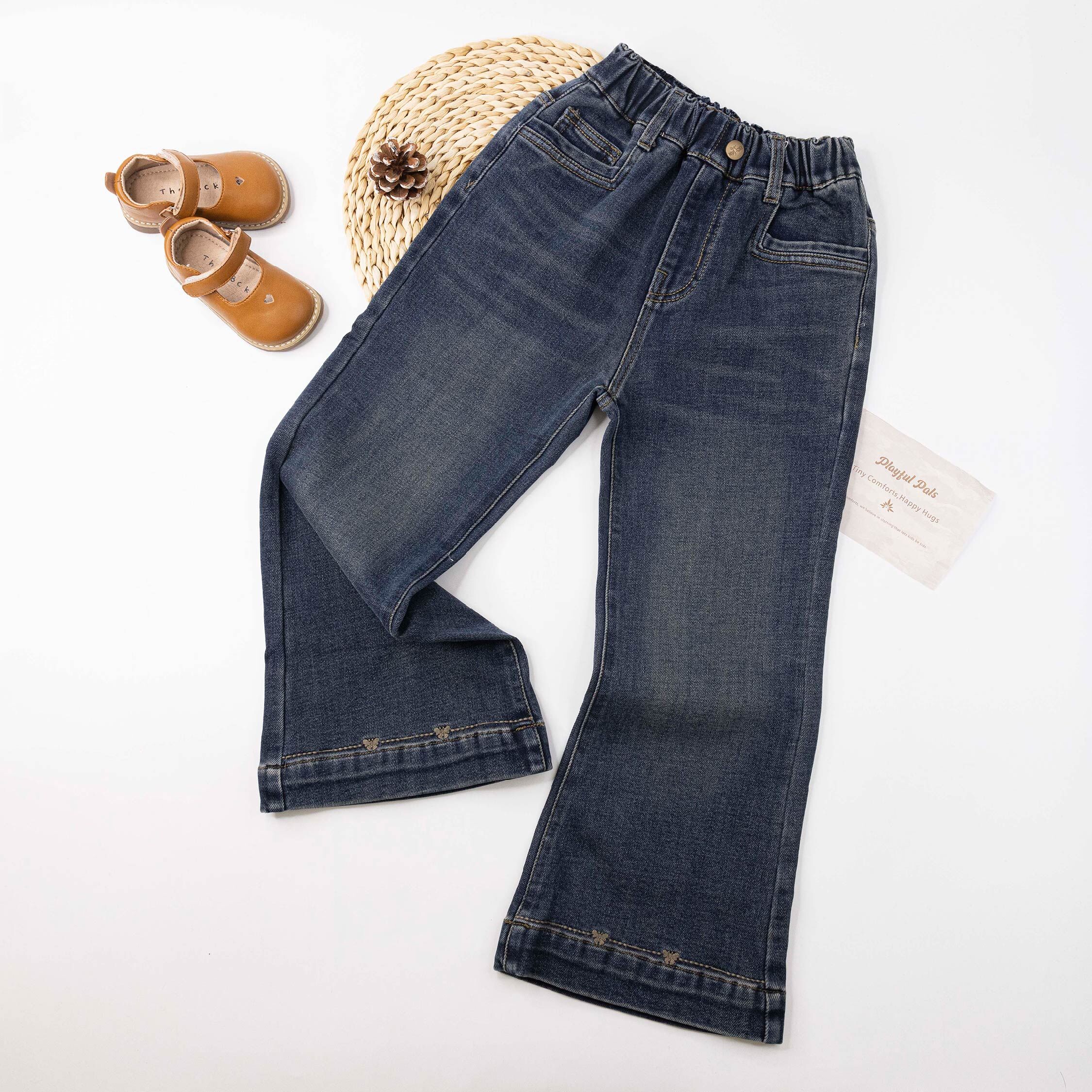 【H55916】質感蝴蝶刺繡內磨毛牛仔褲