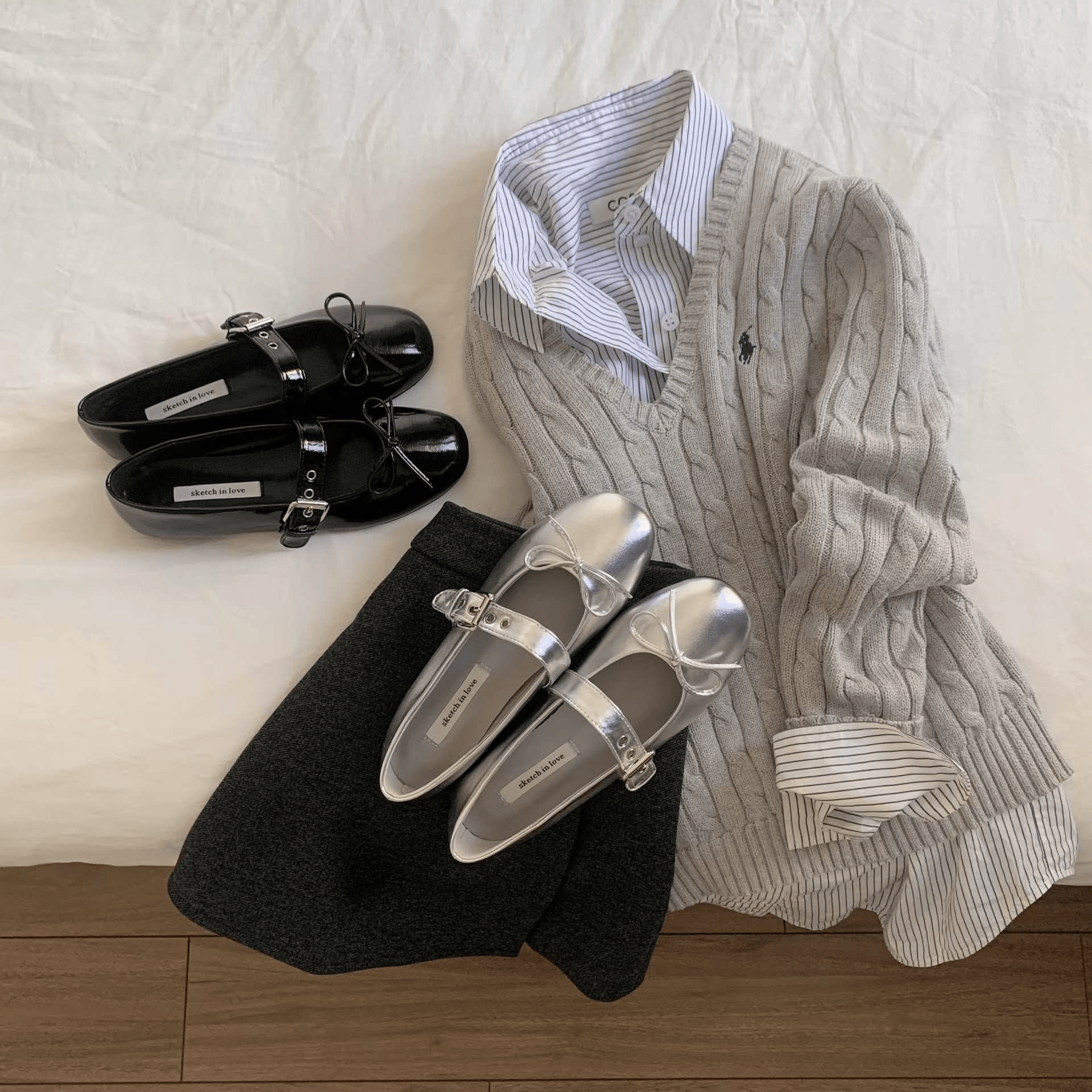 sketch in love｜Eyelet Belt Ballerina Flat 光澤漆皮孔眼腰帶平底鞋 [2 colors]