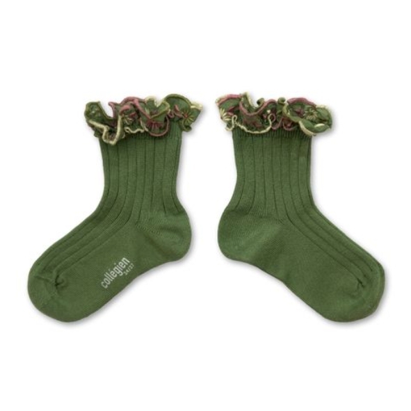 (預購) COLLEGIEN 花卉刺繡荷葉邊低筒襪 Anémone - 855 Avocat 酪梨綠