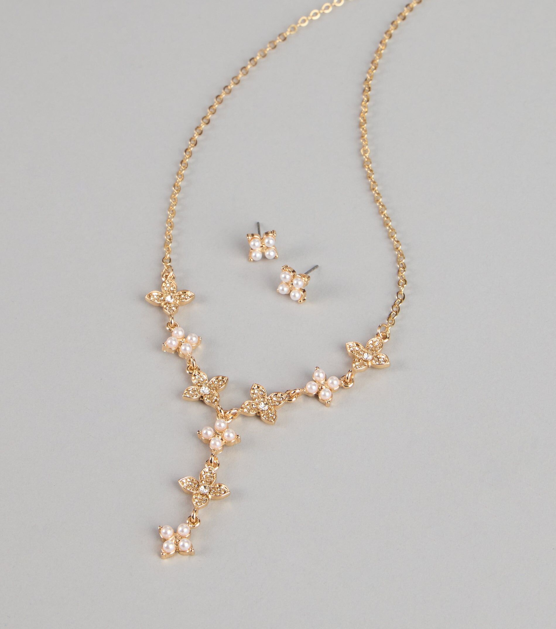 Lux Gold金色珍珠花卉耳環+水鑽珍珠花卉 項鍊套組