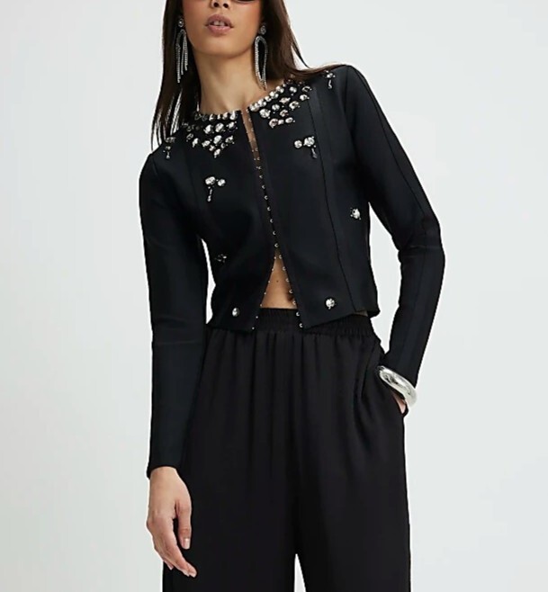 Lux Glam黑色繃帶針織縫珠寶石小外套