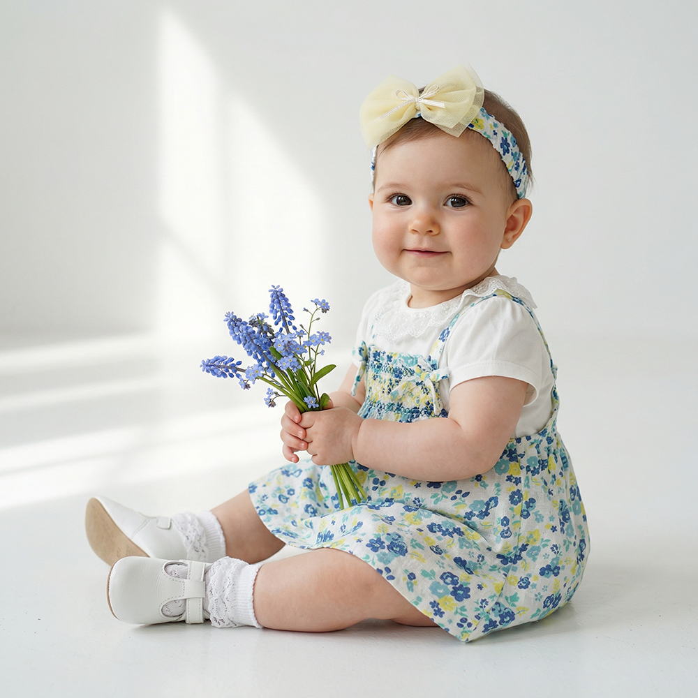 PIPPY 田園印花蝴優雅蝶結吊帶裙 3入組 藍