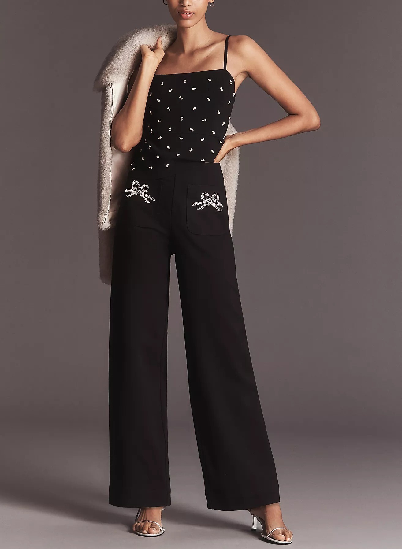 Little Black黑色水鑽蝴蝶結飾長寬褲